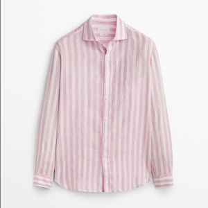 NWOT. Massimo Dutti Man Pink/White Striped 100% Linen Slim Fit Shirt. Size S.
